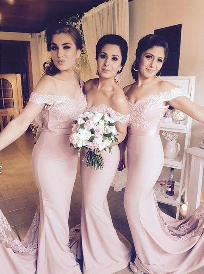 Off-Shoulder Low Back Blush Mermaid Bridesmaid Dresses With Lace PB37