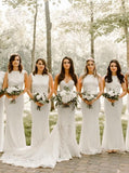 Simple Bateau Elastic Satin White Mermaid Bridesmaid Dresses PB03