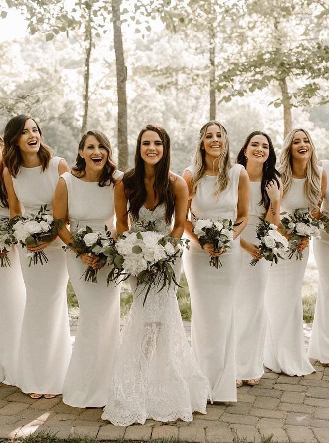 Simple Bateau Elastic Satin White Mermaid Bridesmaid Dresses PB03