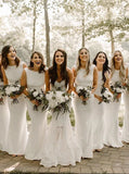 Simple Bateau Elastic Satin White Mermaid Bridesmaid Dresses PB03