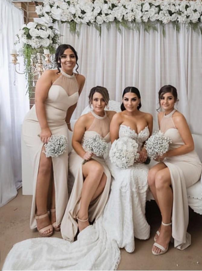 Halter Mermaid Floor-Length Bridesmaid Dresses with Split PB10