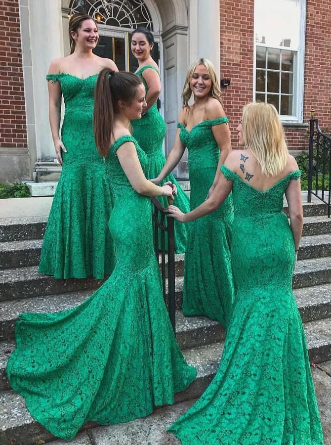 Off-the-Shoulder Mermaid Green Lace Bridesmaid Dresses PB30
