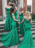 Off-the-Shoulder Mermaid Green Lace Bridesmaid Dresses PB30