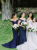 Off-the-Shoulder Satin Mermaid Dark Blue Bridesmaid Dresses PB29