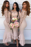 mermaid lace long sleeves hi low off shoulder bridesmaid dresses