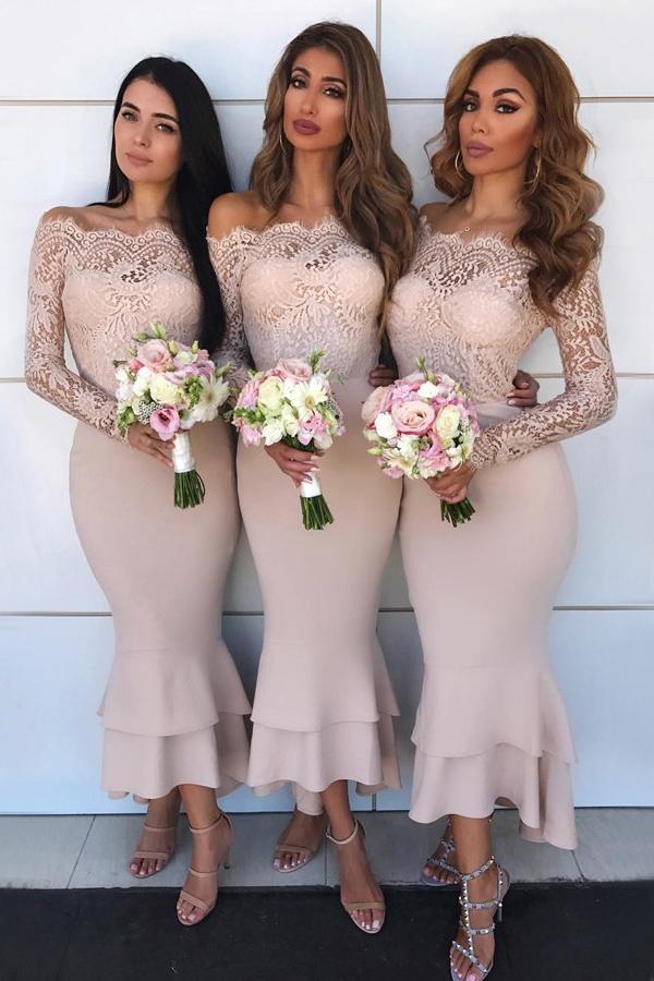 mermaid lace long sleeves hi low off shoulder bridesmaid dresses