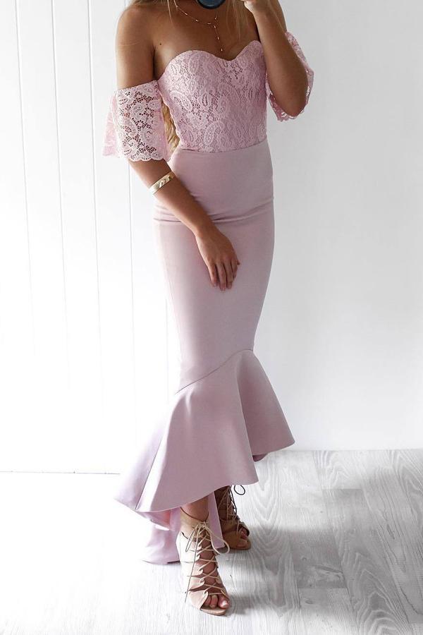 off shoulder lace short sleeves hi low mermaid bridesmaid dresses