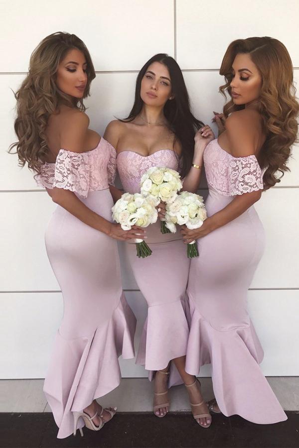 off shoulder lace short sleeves hi low mermaid bridesmaid dresses