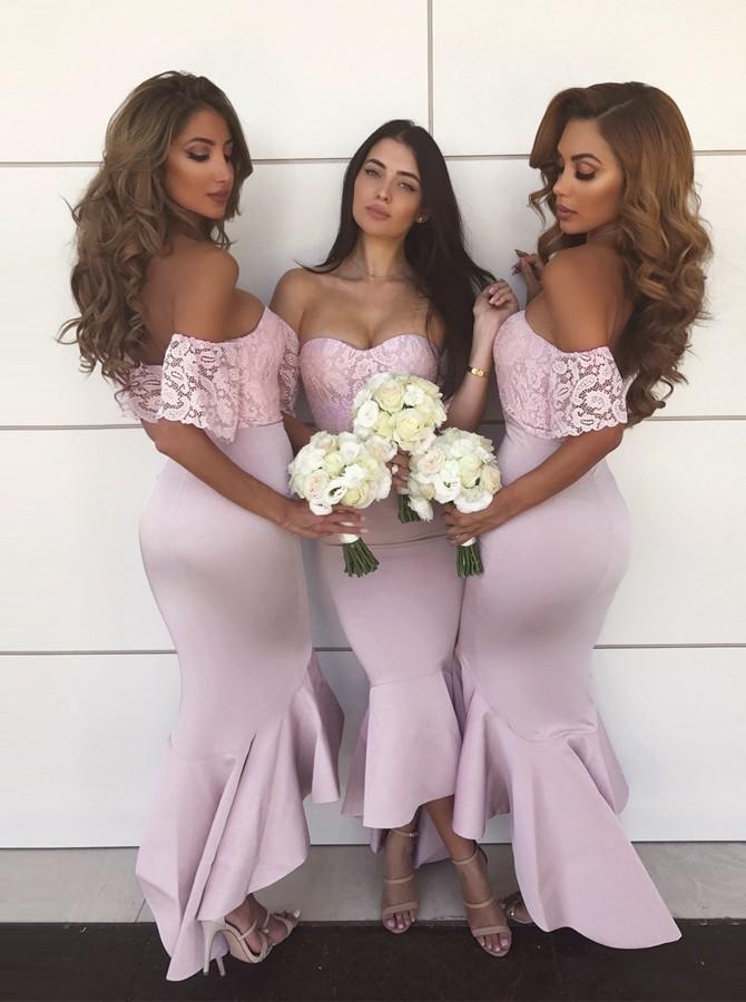 off shoulder lace short sleeves hi low mermaid bridesmaid dresses