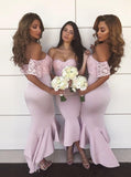 off shoulder lace short sleeves hi low mermaid bridesmaid dresses