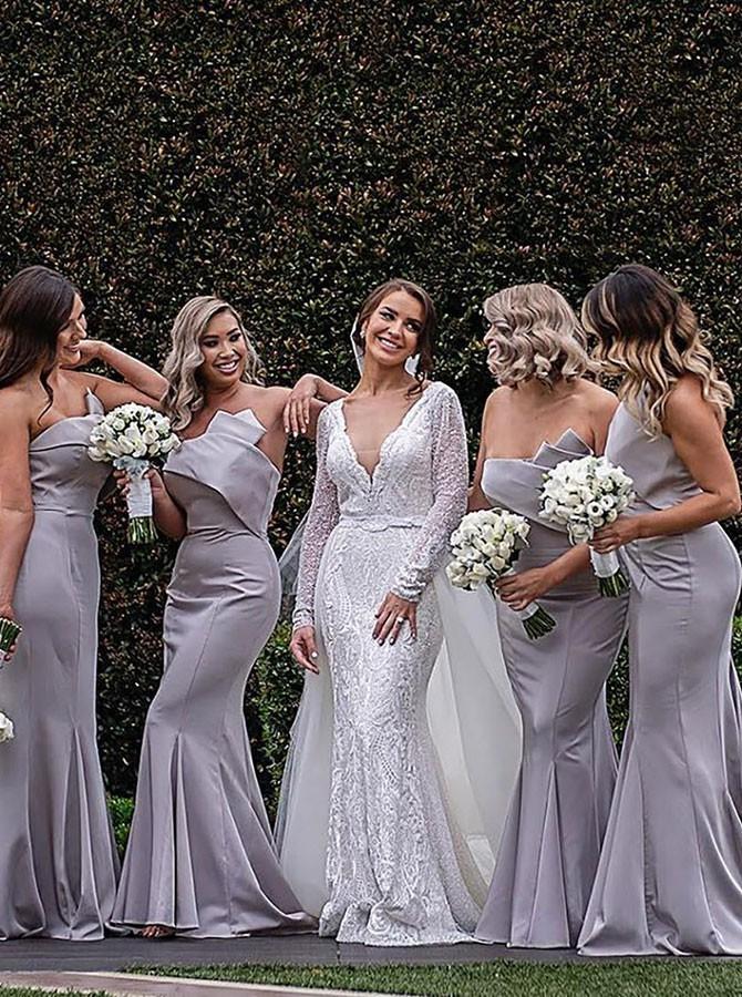 Mermaid Strapless Light Grey Bridesmaid Dresses with Ruffles PB27