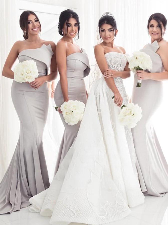 Mermaid Strapless Light Grey Bridesmaid Dresses with Ruffles PB27