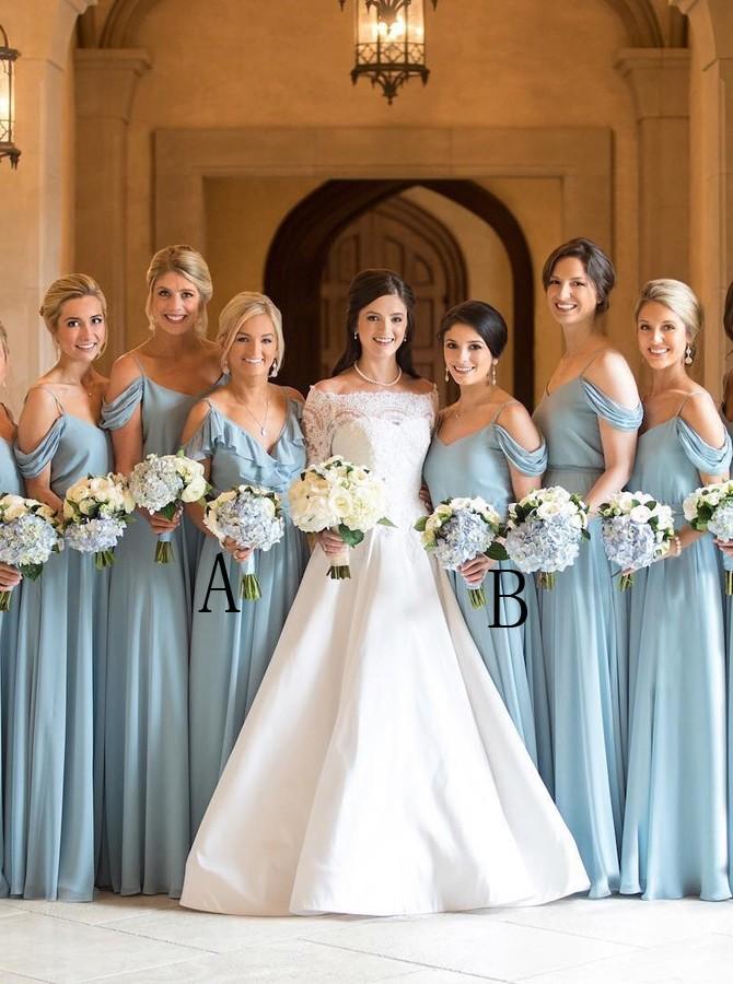 Spaghetti Off Shoulder Light Blue Chiffon Bridesmaid Dresses with Ruffles PB25