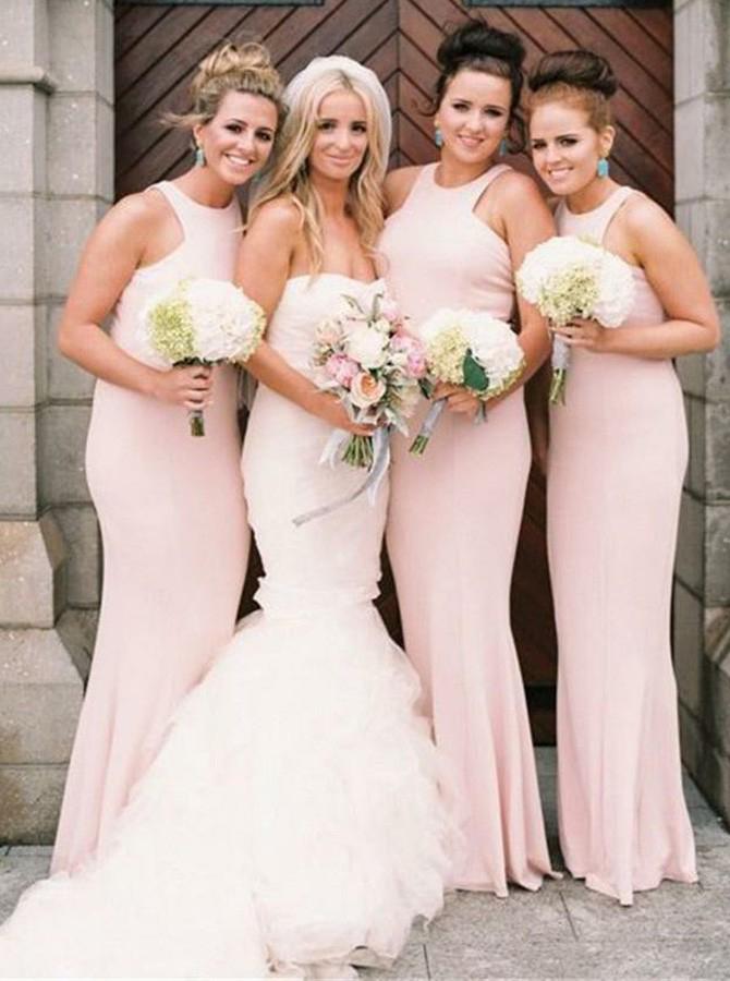Jewel floor-length pearl pink stretch satin mermaid/trumpet bridesmaid dresses gb361