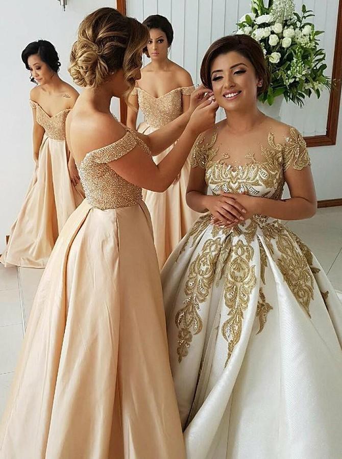 Off Shoulder Beading Bodice Long Bridesmaid Dresses with Pockets PB19