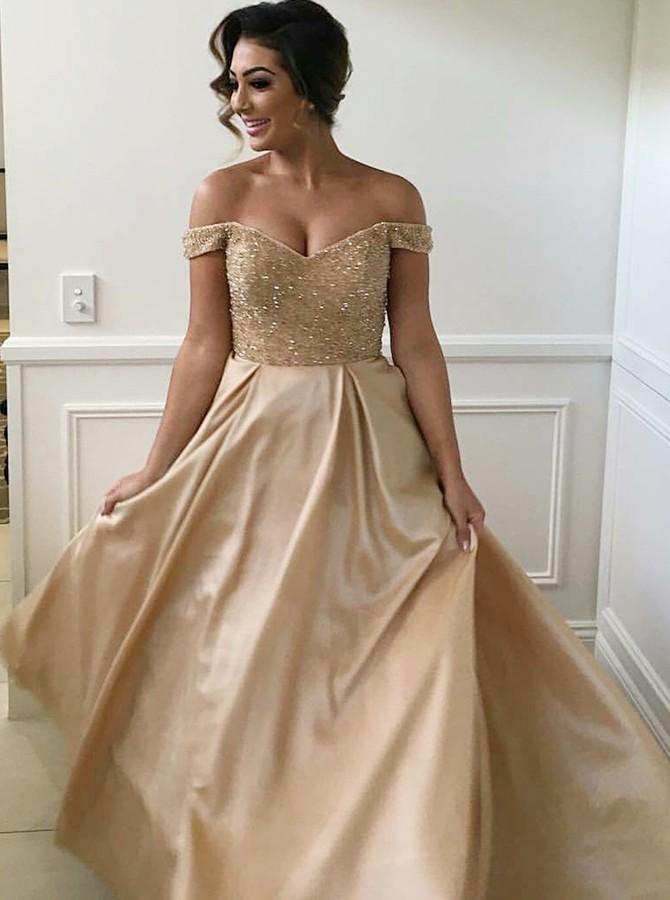 Off Shoulder Beading Bodice Long Bridesmaid Dresses with Pockets PB19