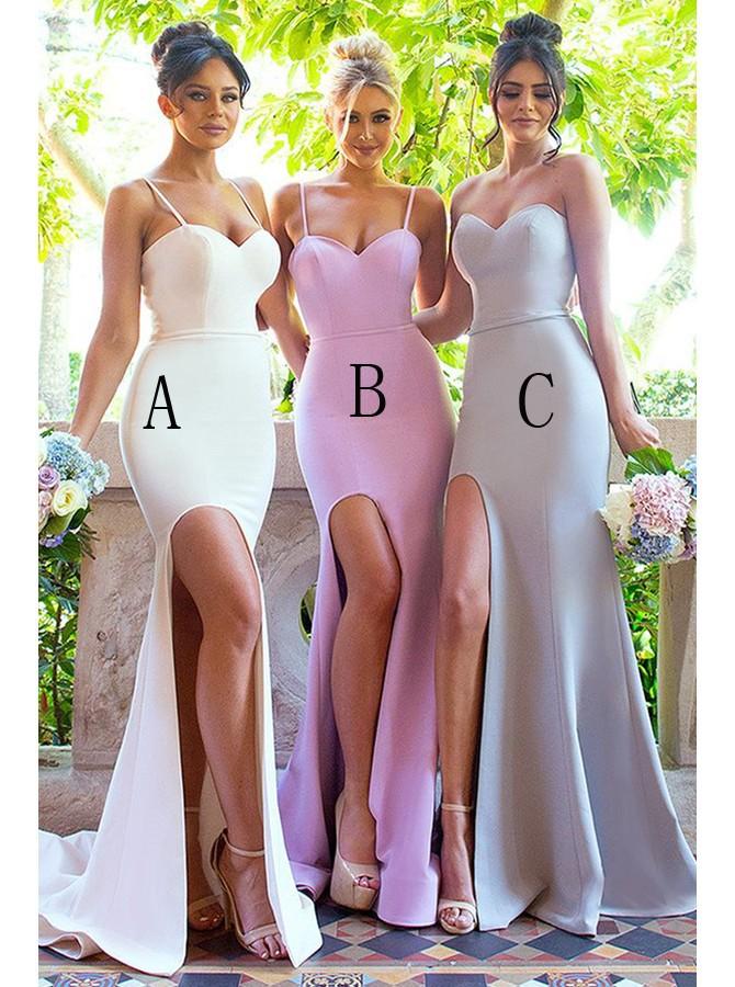 Simple Spaghetti Straps Sweetheart Mermaid Bridesmaid Dresses with Split PB20