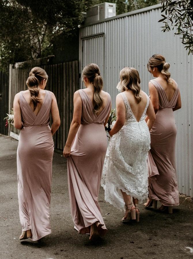 Sheath V-Neck Long Blush Bridesmaid Dresses With Ruched PB17