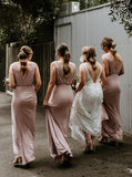 Sheath V-Neck Long Blush Bridesmaid Dresses With Ruched PB17