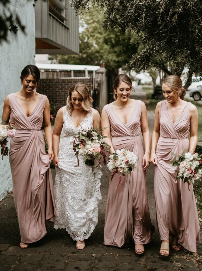 Sheath V-Neck Long Blush Bridesmaid Dresses With Ruched PB17