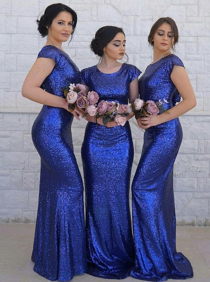 Crew Cap Sleeves Sequined Royal Blue Mermaid Bridesmaid Dresses PB18