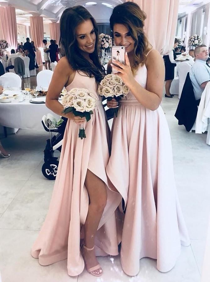 Spaghetti Straps V-neck Asymmetry Pink Bridesmaid Dresses with Split PB15