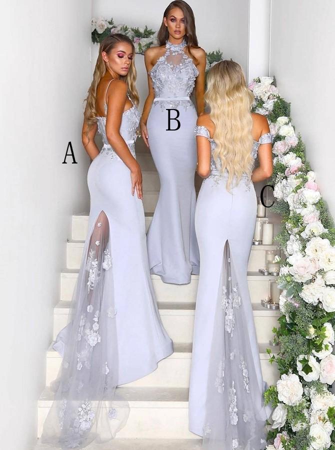 Mermaid Light Blue Bridesmaid Dresses with Lace Appliques PB12