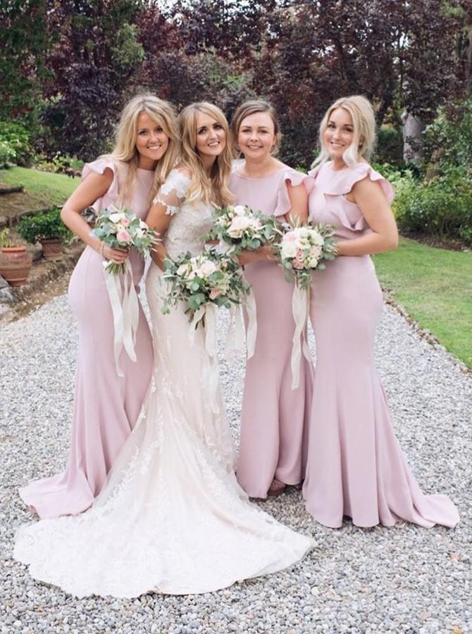 Mermaid Round Neck Cap Sleeves Pink Bridesmaid Dresses with Ruffles PB11