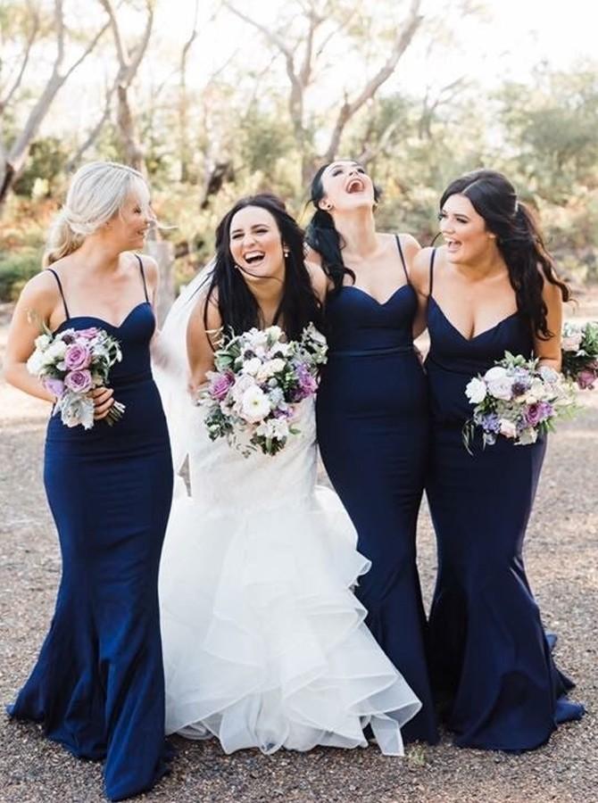 Mermaid Spaghetti Straps Navy Blue Bridesmaid Dresses PB13