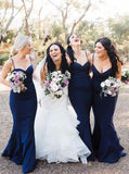 Mermaid Spaghetti Straps Navy Blue Bridesmaid Dresses PB13
