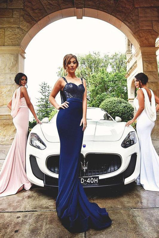 Spaghetti Straps Mermaid Prom Dress Sequins Bridesmaid Dresses With Cowl PB72