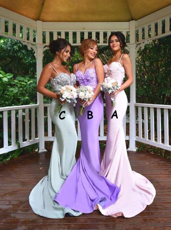 Spaghetti Straps Appliques Mermaid Backless Bridesmaid Dresses PB71
