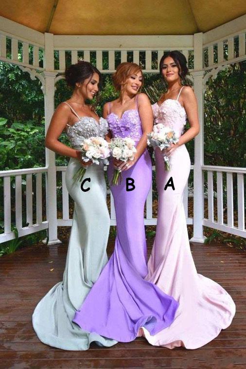 Spaghetti Straps Appliques Mermaid Backless Bridesmaid Dresses PB71