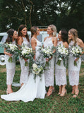 Sheath knee length lace white bridesmaid dresses gb369