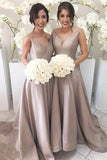 Simple A-line V-neck Sleeveless Long Bridesmaid Dresses PB63