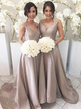 Simple A-line V-neck Sleeveless Long Bridesmaid Dresses PB63