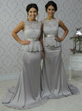Bateau Sheath Grey Long Bridesmaid Dresses With Lace PB61
