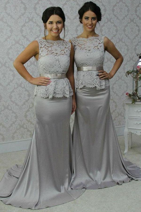 Bateau Sheath Grey Long Bridesmaid Dresses With Lace PB61