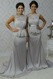 Bateau Sheath Grey Long Bridesmaid Dresses With Lace PB61