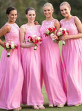 Bateau Light Plum Chiffon Long Bridesmaid Dresses with Lace PB60
