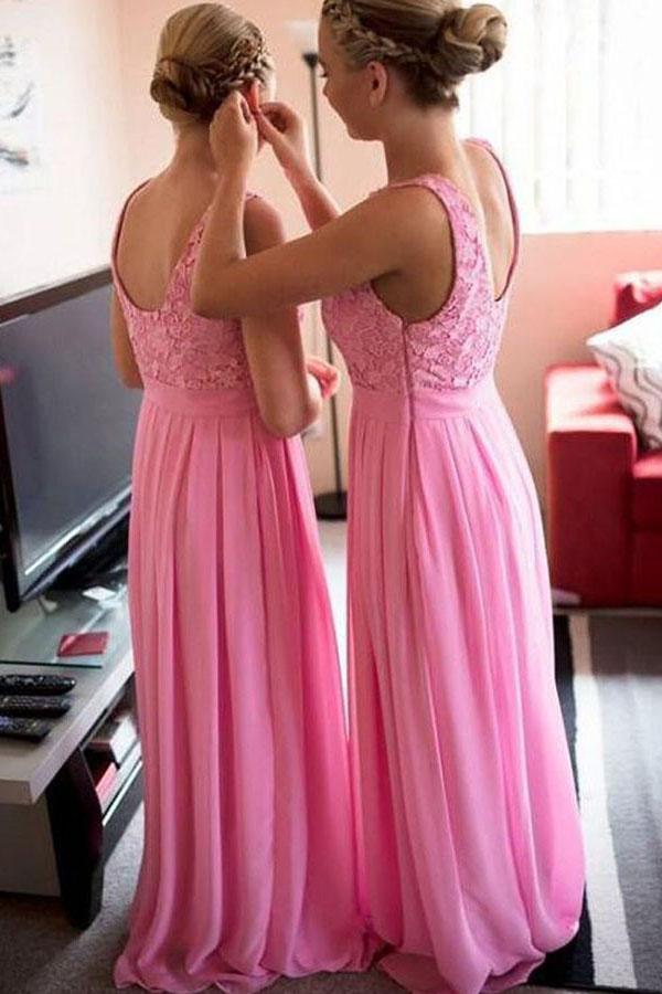 Bateau Light Plum Chiffon Long Bridesmaid Dresses with Lace PB60