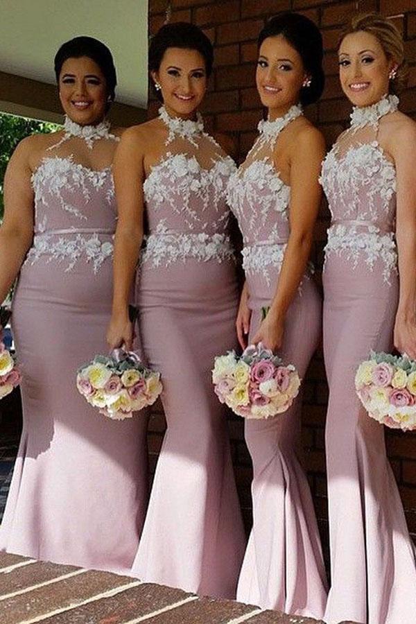 Halter Blush Mermaid Long Bridesmaid Dresses with Appliques PB59