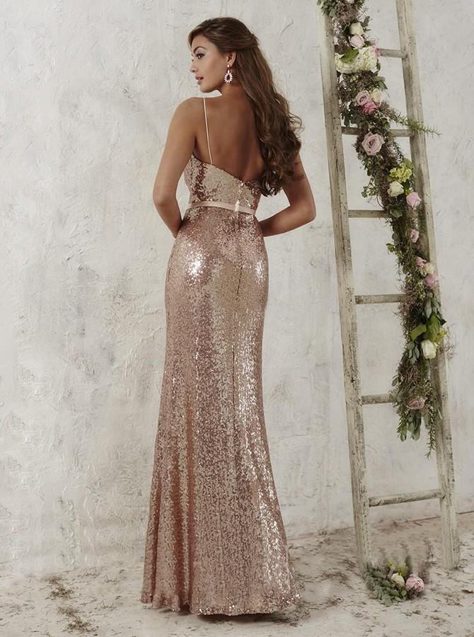 Spaghetti Straps Rose Gold Sequined Sheath Bridesmaid Dress PB58