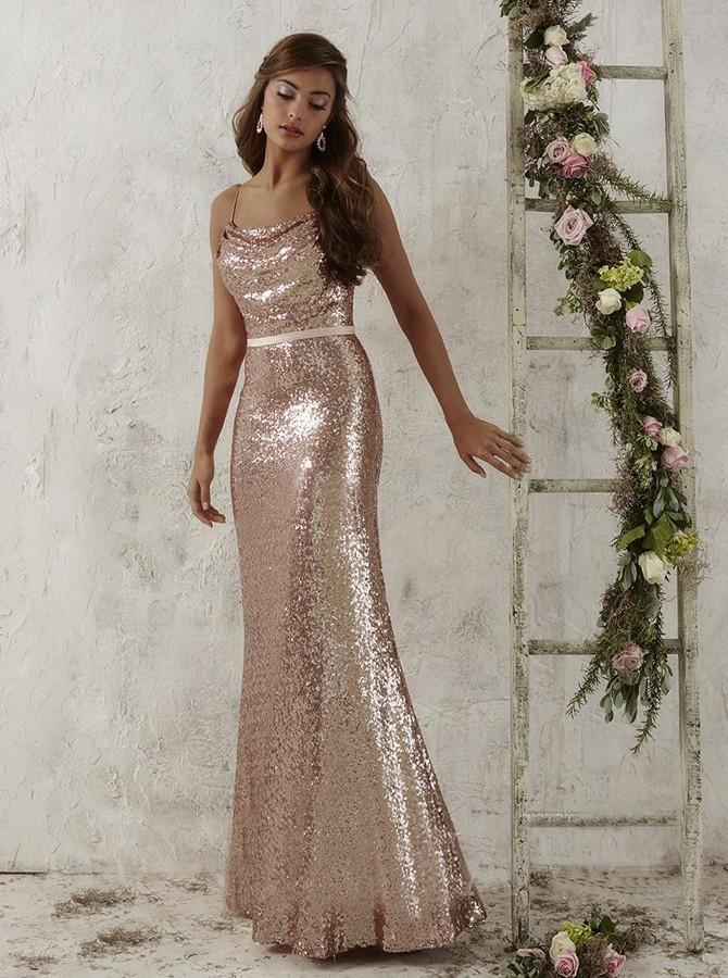 Spaghetti Straps Rose Gold Sequined Sheath Bridesmaid Dress PB58