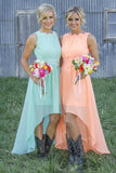 Bateau Asymmetry Mint/Peach Chiffon Bridesmaid Dresses with Appliques PB57
