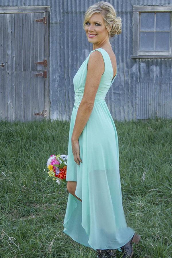 Bateau Asymmetry Mint/Peach Chiffon Bridesmaid Dresses with Appliques PB57