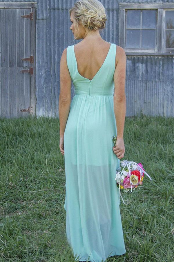 Bateau Asymmetry Mint/Peach Chiffon Bridesmaid Dresses with Appliques PB57