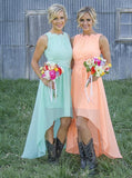 Bateau Asymmetry Mint/Peach Chiffon Bridesmaid Dresses with Appliques PB57