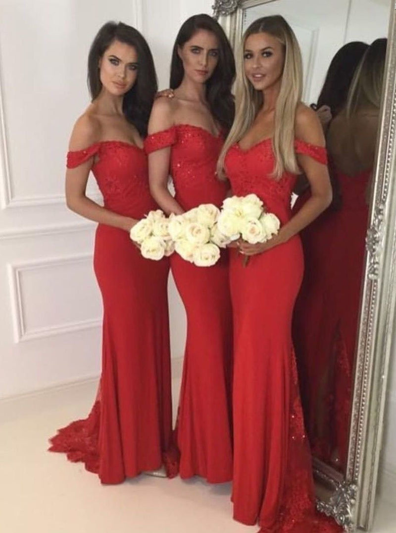 Off Shoulder Mermaid Red Bridesmaid Dresses with Sequins Appliques PB55