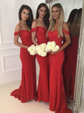 Off Shoulder Mermaid Red Bridesmaid Dresses with Sequins Appliques PB55